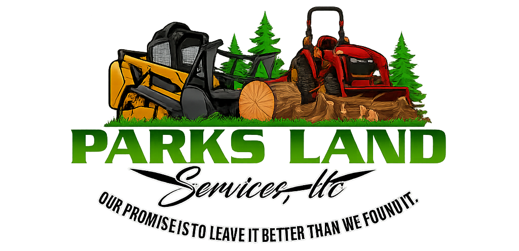 Logo for Parks Land Services: Yellow skid steer and red tractor in a green, grassy setting.