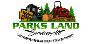 Logo for Parks Land Services: Yellow skid steer and red tractor in a green, grassy setting.