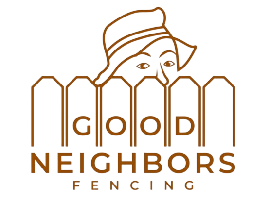 A logo for good neighbors fencing with a woman in a hat