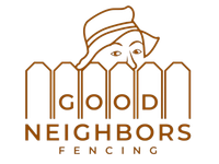 A logo for good neighbors fencing with a woman in a hat