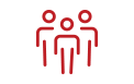 A red outline icon showing three stylized figures standing together.