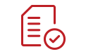 A red icon of a document with lines representing text and a circular checkmark symbol in the bottom right corner.