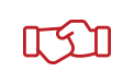 A dark red, simple line drawing of two hands shaking, symbolizing partnership or agreement.