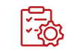 A dark red icon of a clipboard with a checklist and a gear, representing task management or process configuration.