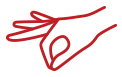 A red line-art icon of a hand pinching or holding an invisible small object between the thumb and index finger.