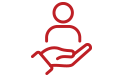 A red, minimalist icon showing a human figure resting above an open hand, symbolizing care, support, or service.