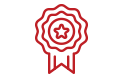 A maroon outline icon of a decorative award badge featuring a central five-pointed star and two ribbons hanging below.
