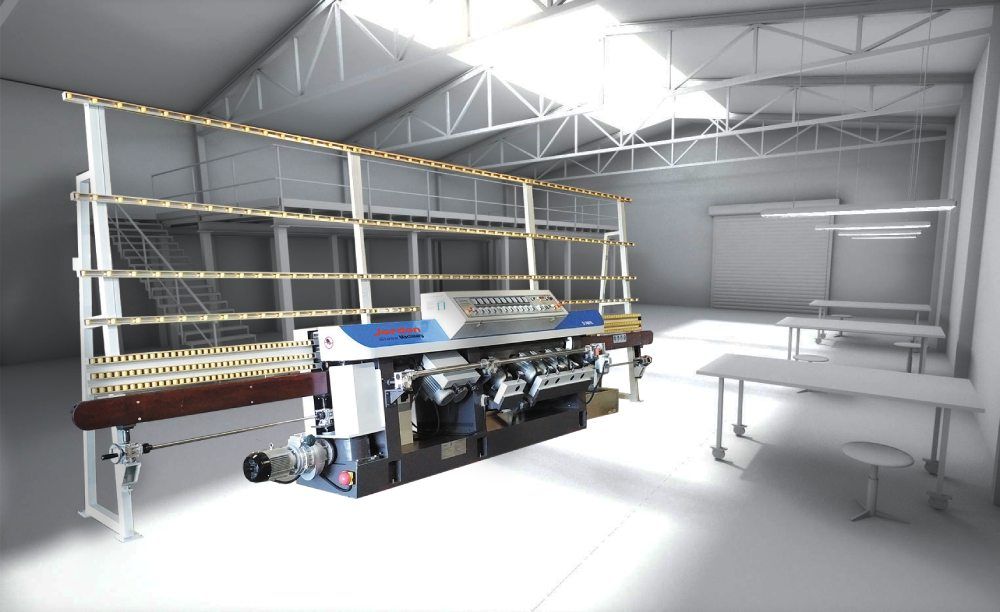 A machine is sitting in the middle of a warehouse