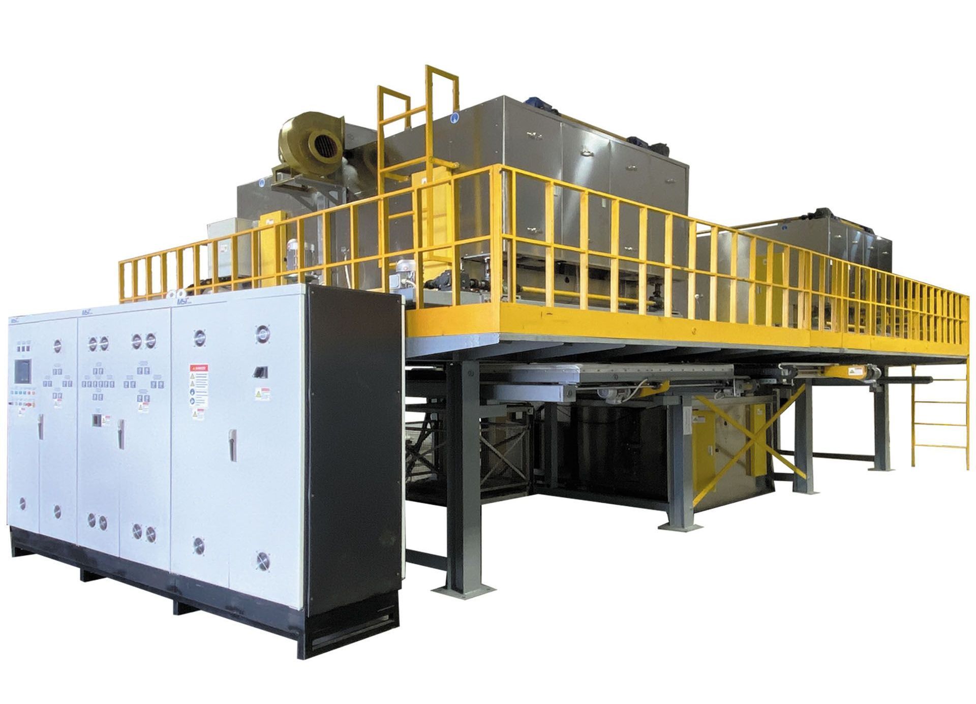 A large machine with a yellow railing and stairs on a white background.