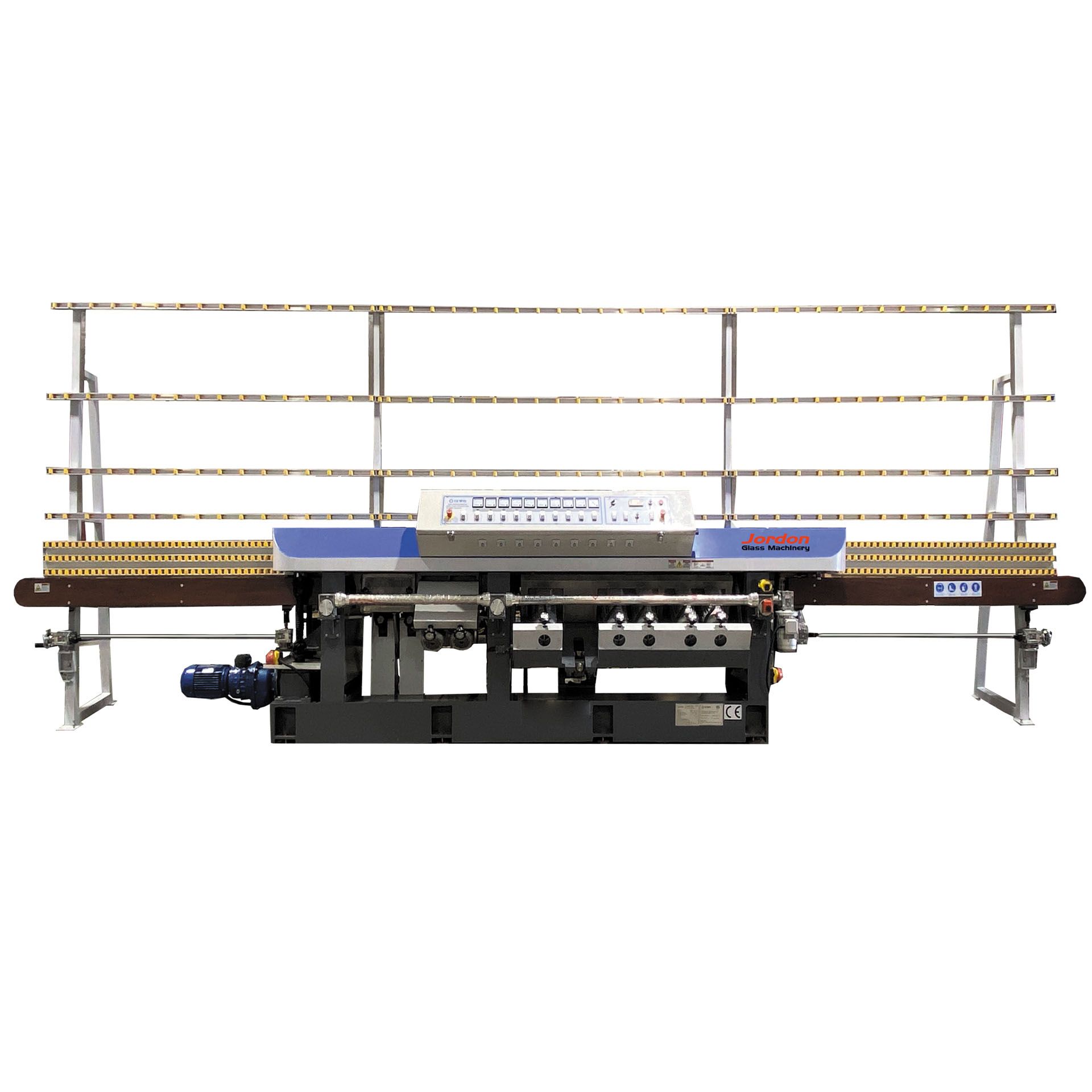 A machine that is cutting glass on a white background.