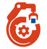 A red and white icon of a robotic arm with gears.