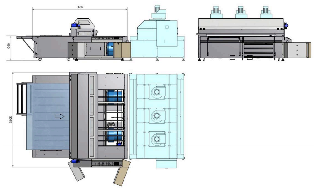 A drawing of a machine with measurements on a white background