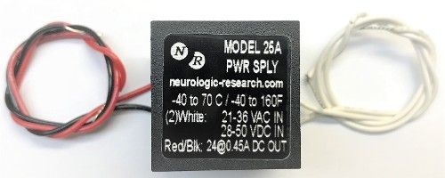 Black electrical component with wires, label indicating model 25A, power supply.