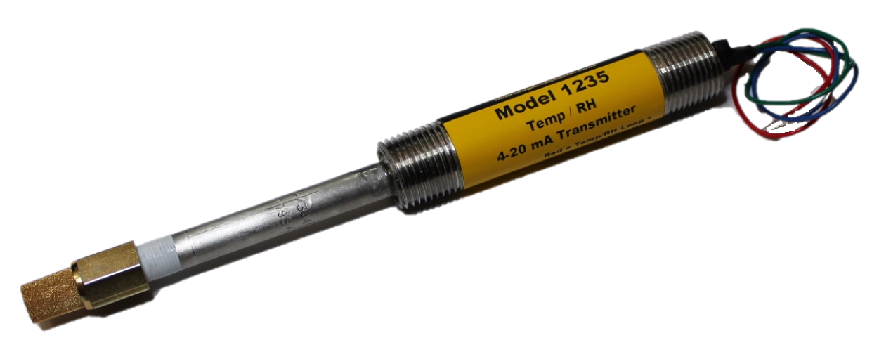 A temperature sensor, Model 1205, with wires and a probe extending from a yellow label.