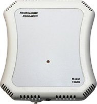 White rectangular electronic device with rounded edges, labeled 