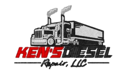 Logo for Ken's Diesel Repair, LLC featuring a black semi-truck with exhaust smoke, red and black text on a white background.
