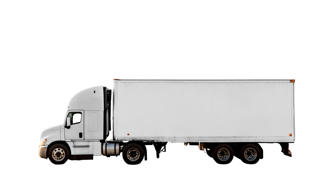A white semi-truck with a large rectangular trailer, shown from a side view against a white background.