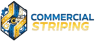 Logo for Commercial Striping featuring a blue and gold design of roads and a gear within a hexagon.