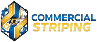Logo for Commercial Striping featuring a blue and gold design of roads and a gear within a hexagon.