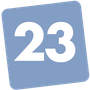 Blauw, schuin vierkant icoon met het cijfer 23 in wit.