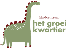 Logo for kindcentrum Het Groei Kwartier with a green dinosaur and red spikes