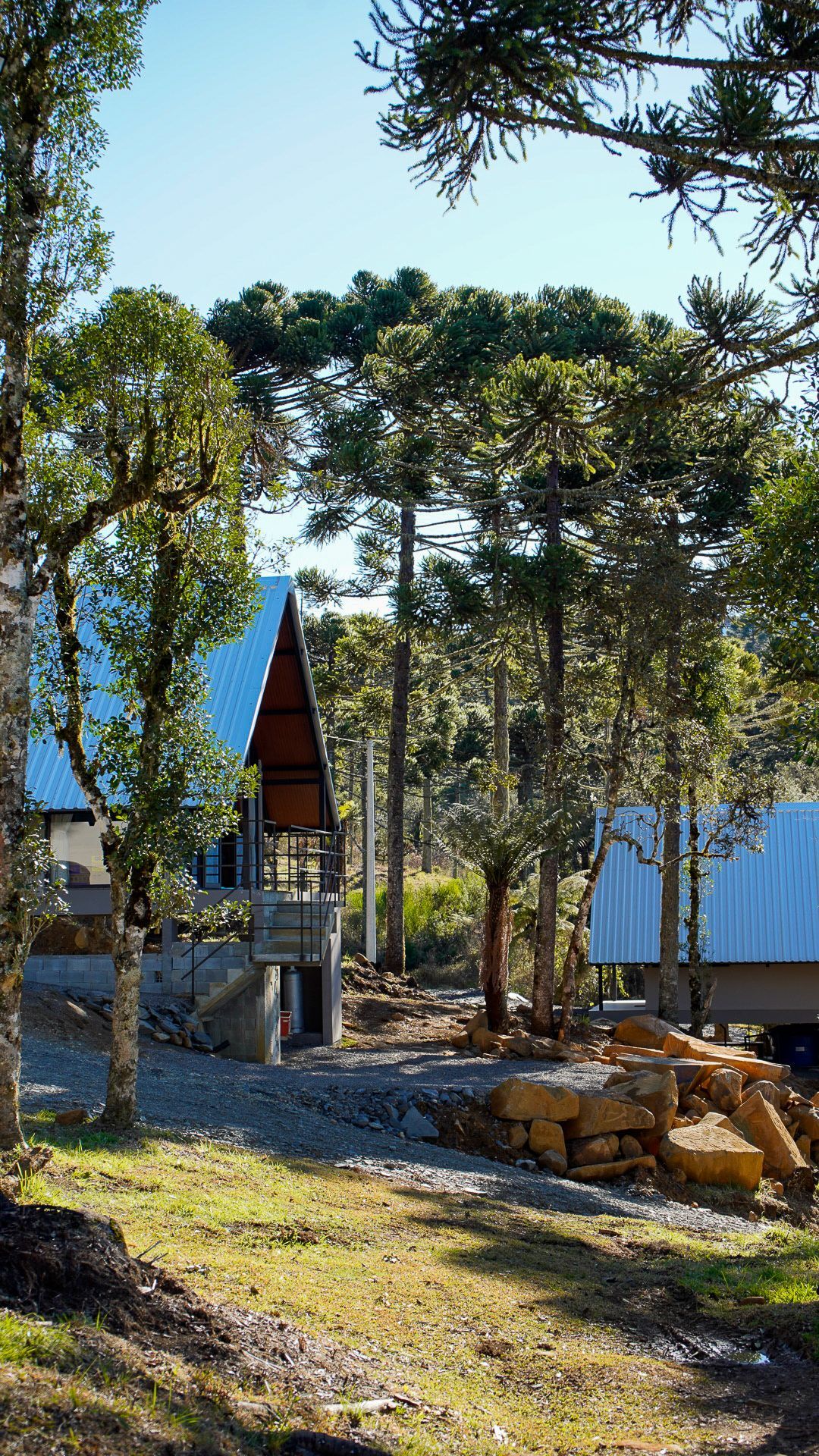 Cabana com telhado pontiagudo, aninhada entre árvores altas, banhada pela luz do sol. Uma entrada de cascalho leva à entrada.