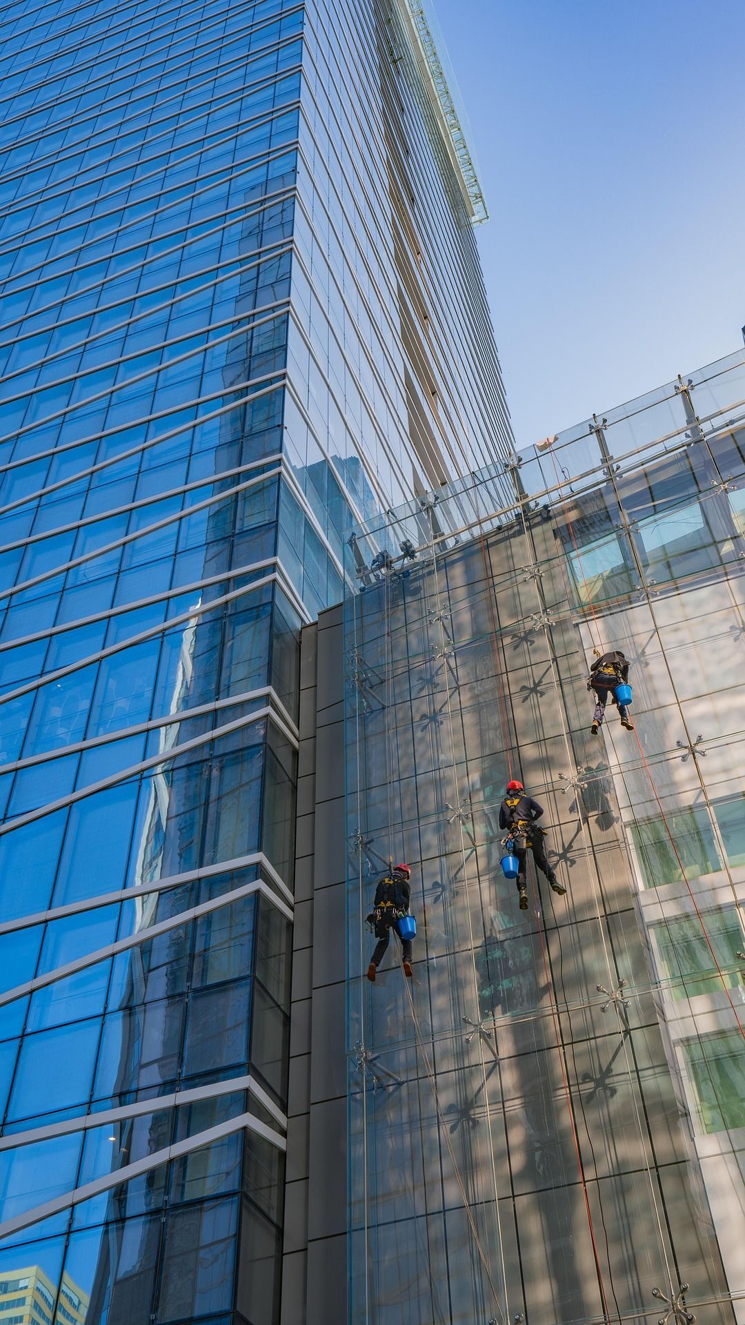 Workers suspended on ropes cleaning a glass high-rise facade beside a blue skyscraper.