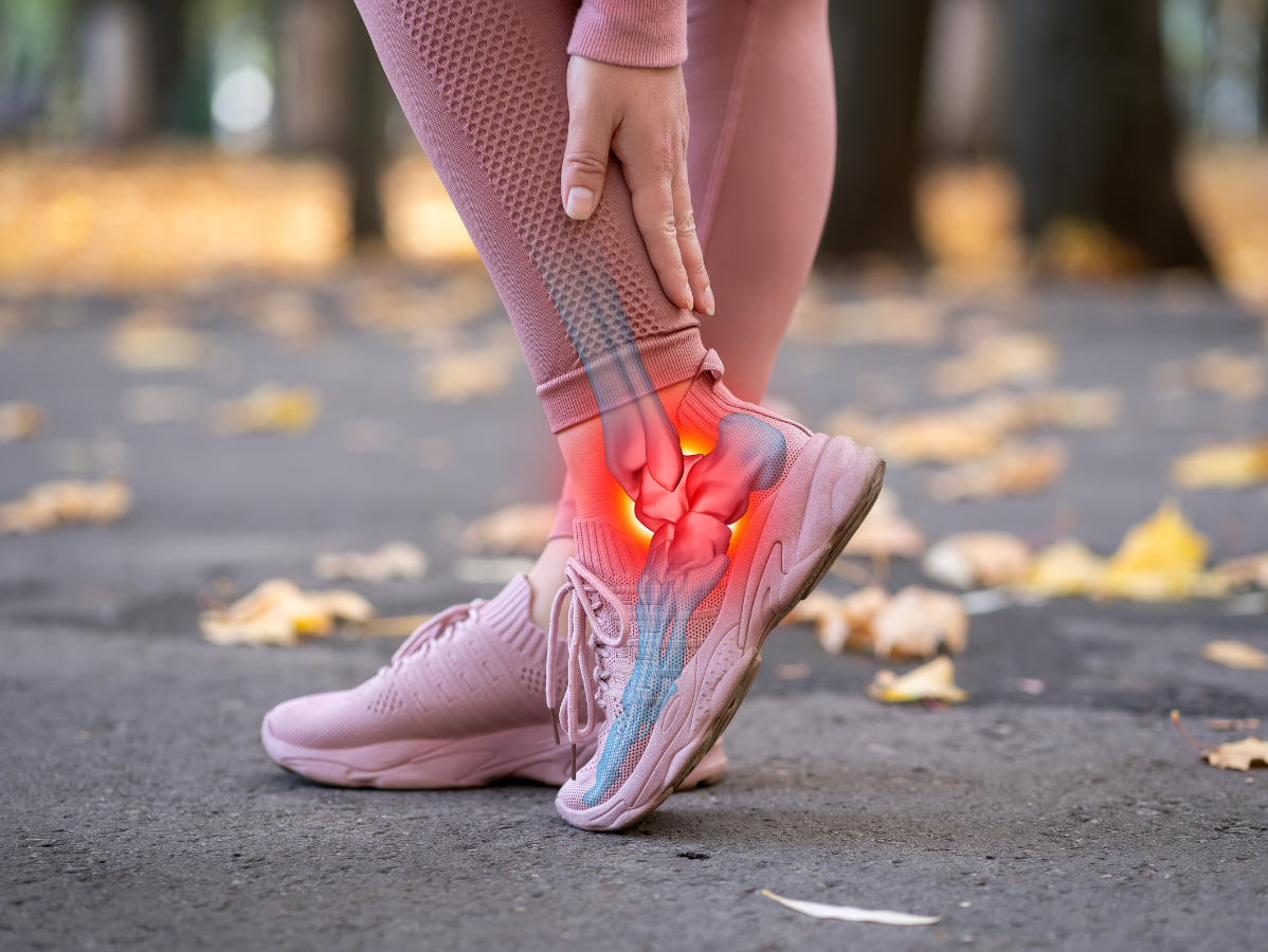 Person with ankle pain, indicated by red highlighting of the joint, wearing pink shoes on a walkway.