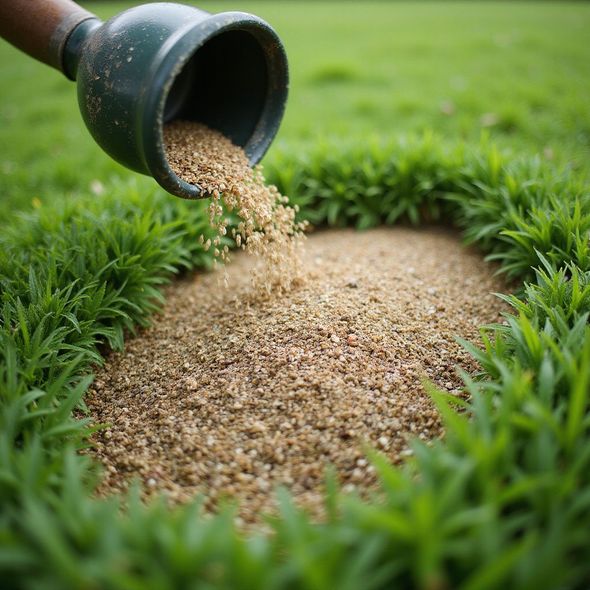A hand with a green dispenser pours seeds into a circular patch in a grassy lawn.