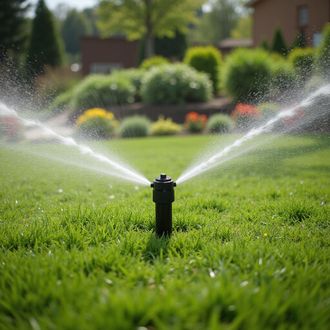 Sprinkler spraying water on green grass in a yard with shrubs and a house in the background.