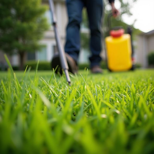 Person spraying a lawn with a yellow tank sprayer. Focus on green grass, blurred figure.