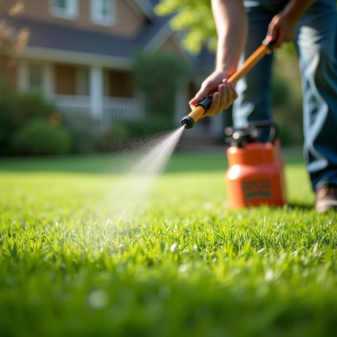 Person spraying lawn with pesticide, orange sprayer, green grass, house in background.