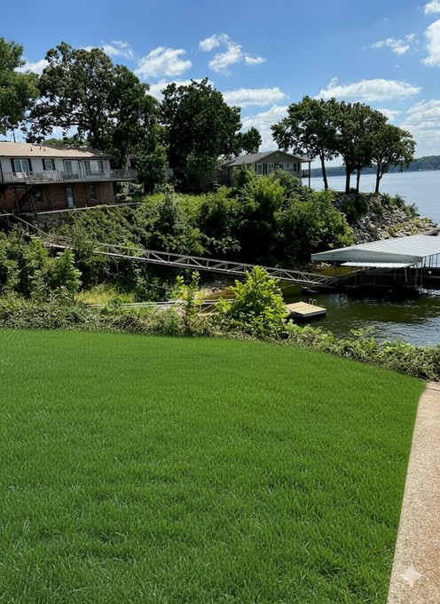 Lush green lawn slopes down to a lakefront with trees, homes, and a boat dock under a blue sky.