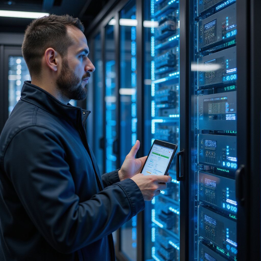 Man in data center, examining server rack with tablet, blue lights.