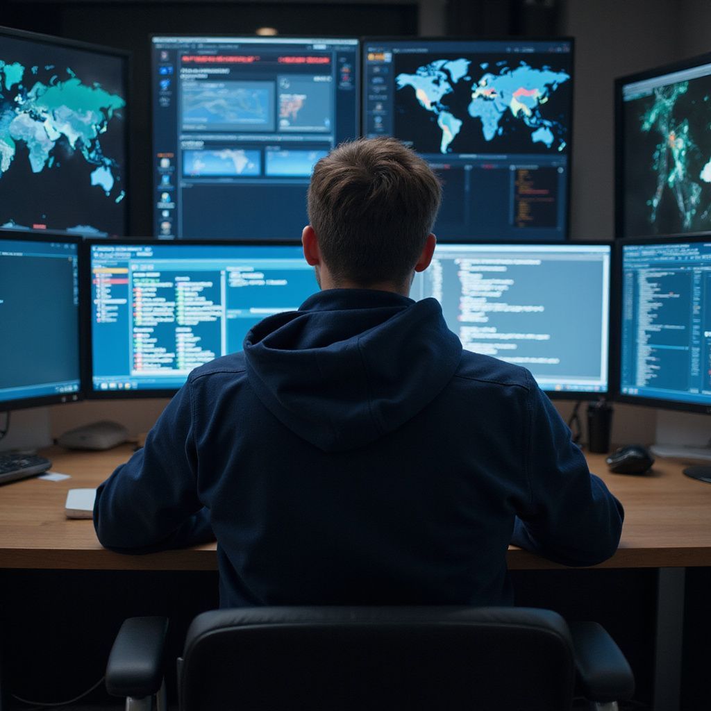 Man in a hoodie sits at a desk, facing multiple computer screens displaying code and world maps.