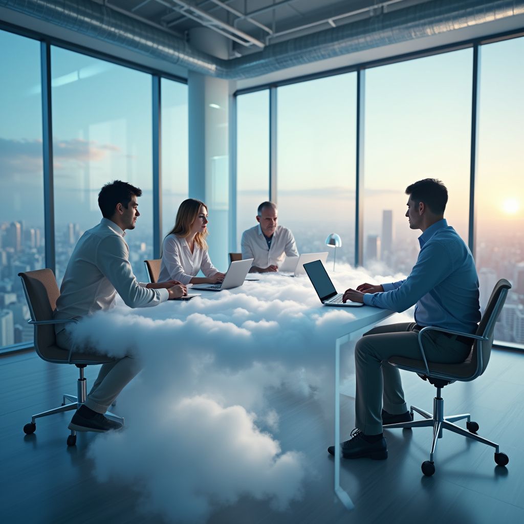 Four people in a high-rise office sit at a table amid clouds, working on laptops, with city views.