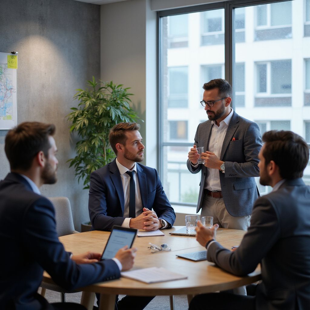 Four business professionals in a meeting; one standing, gesturing; others seated around a round table in an office.