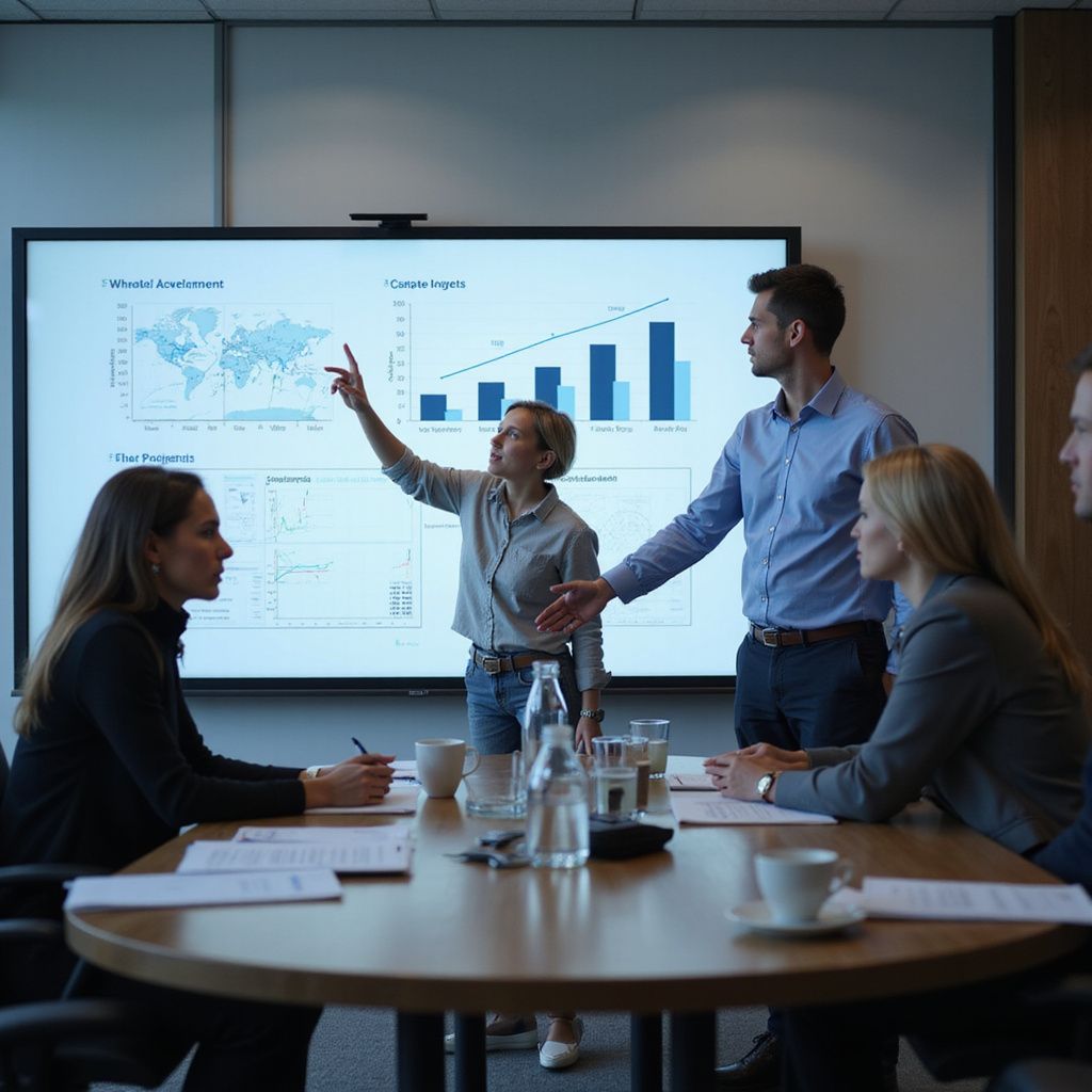 Business meeting: Woman pointing at graph on screen, others seated at table, discussing data.