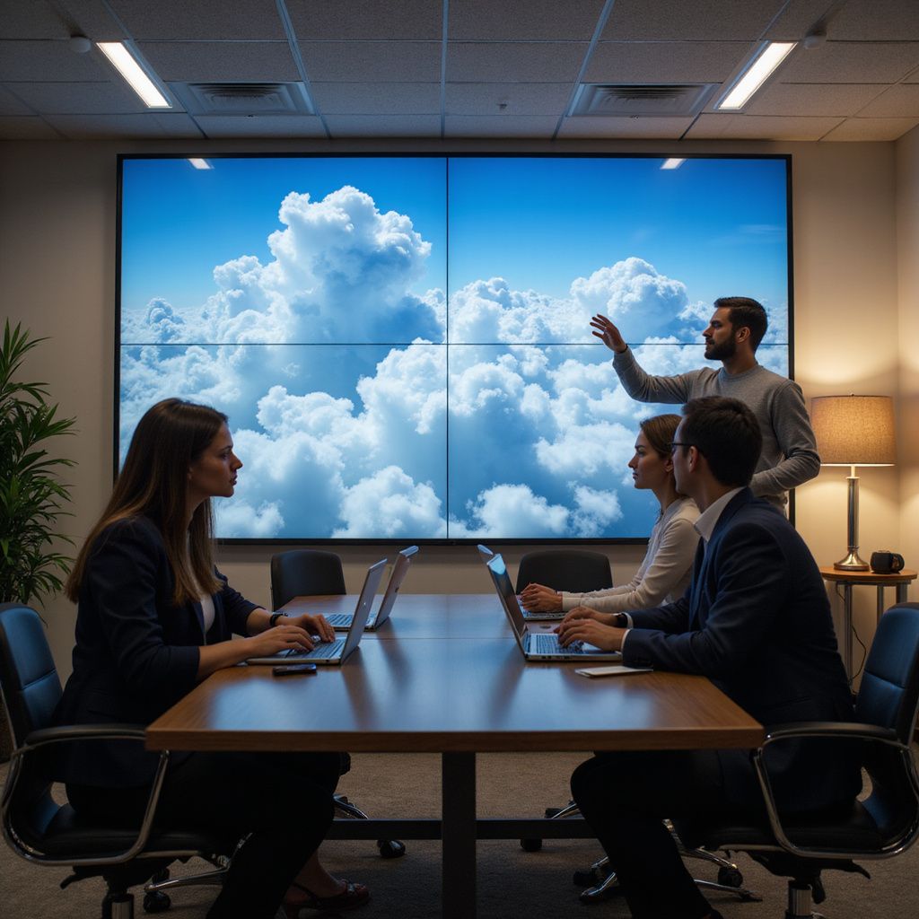 Meeting in a modern office: Four people at a table, looking at a screen showing clouds, one person is pointing.