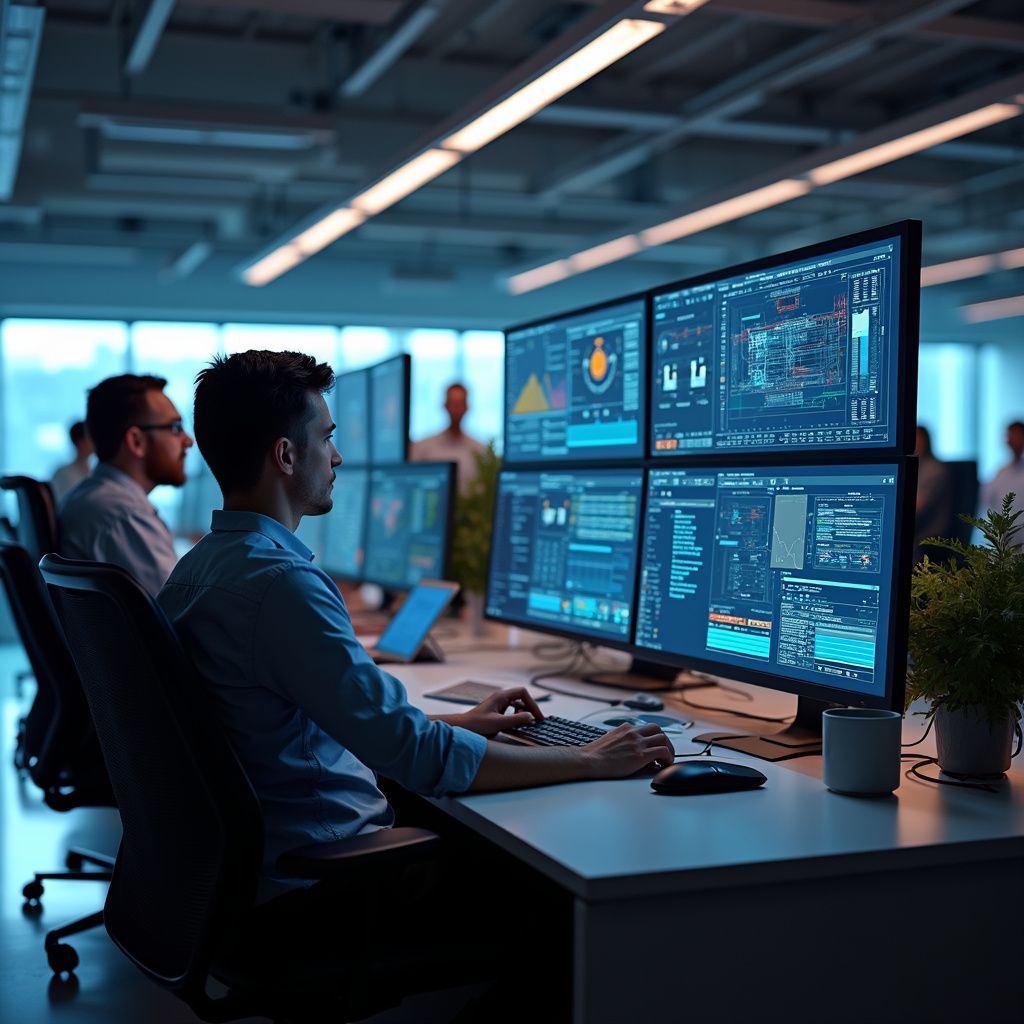 Man working at a desk with multiple computer monitors displaying data in a modern office.