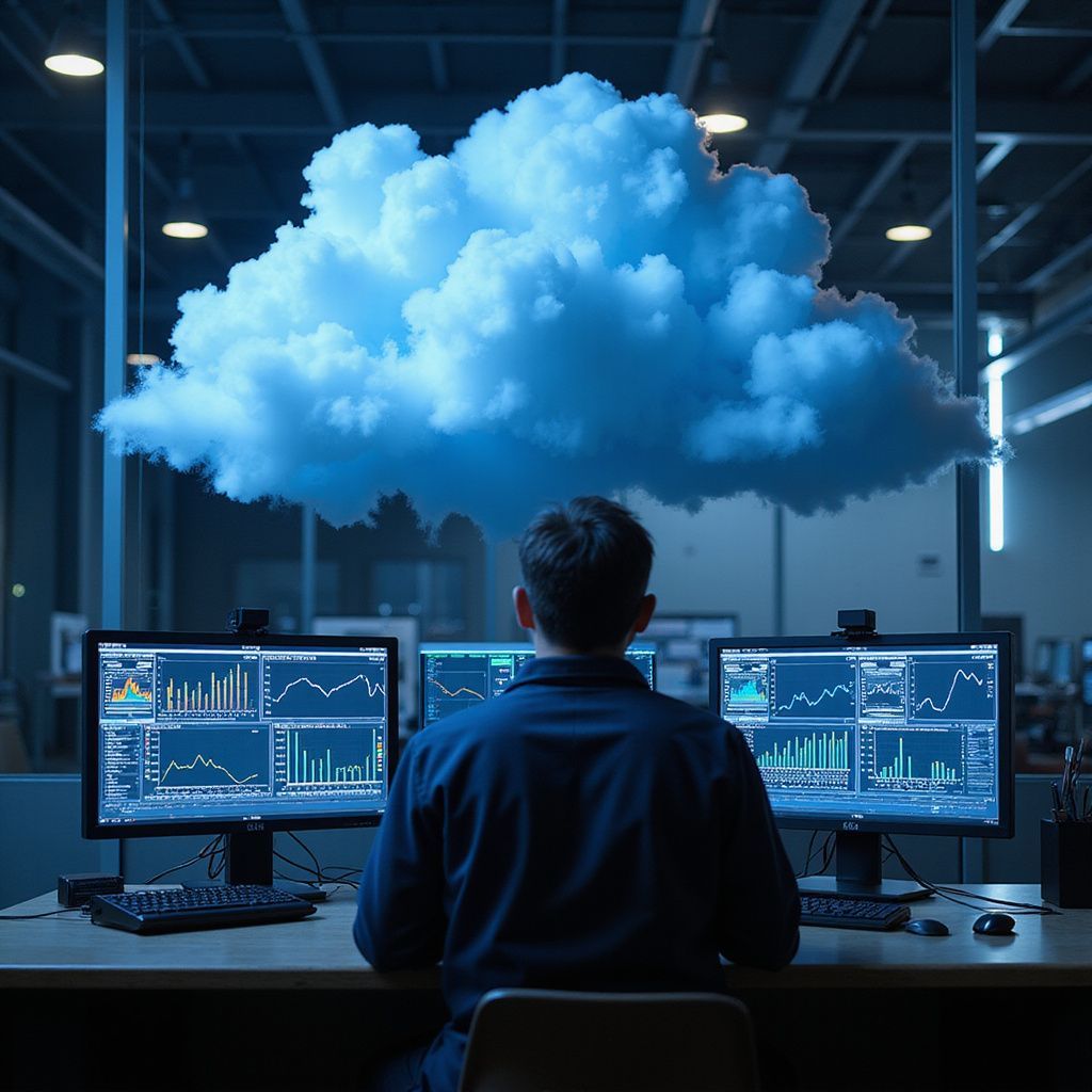 Man at computer monitors, analyzing data beneath a glowing cloud in a tech lab.