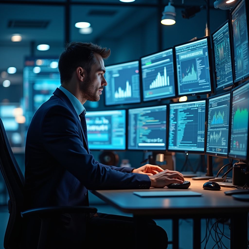 Man in suit analyzes data on multiple computer monitors in a dimly lit office.