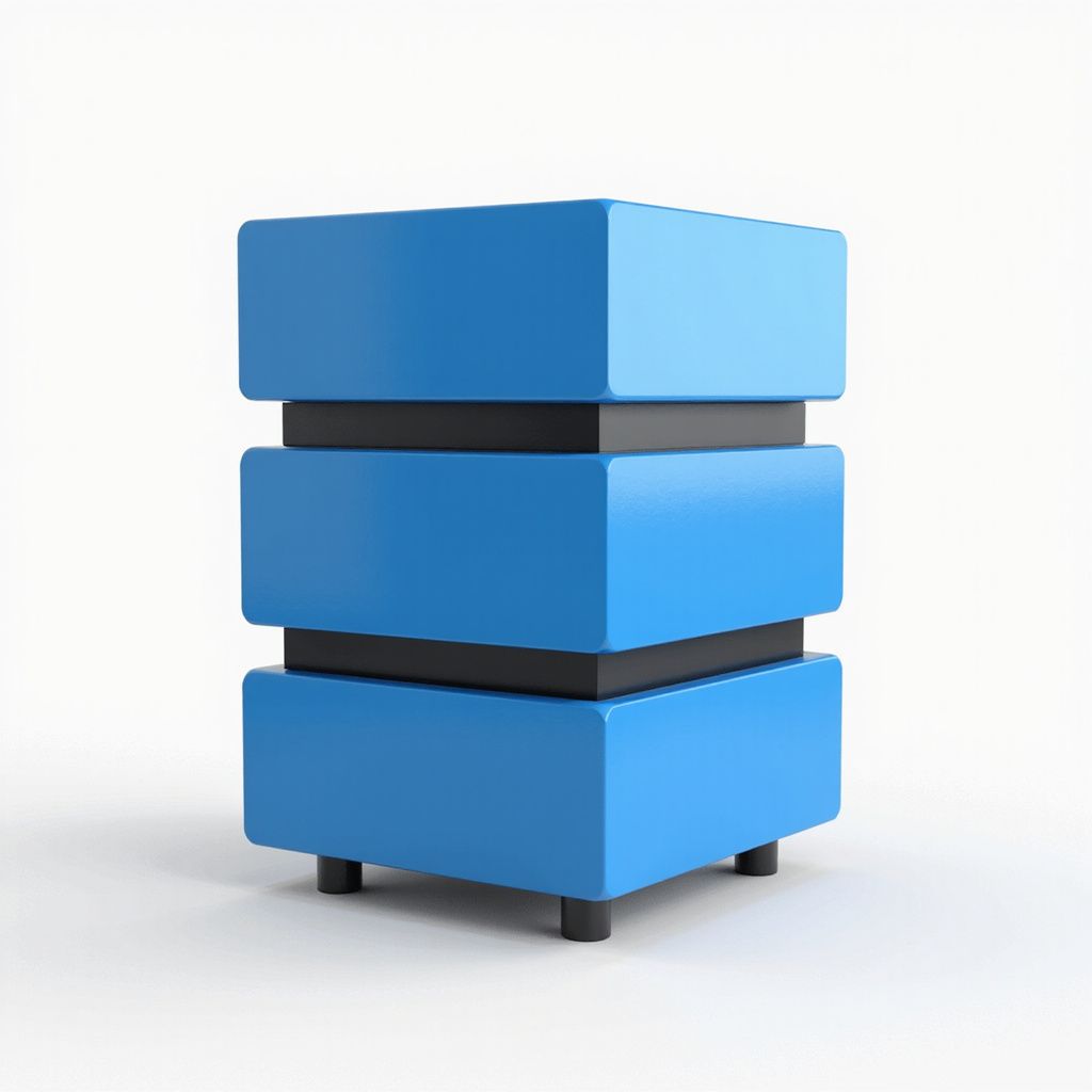 Blue and black modern pedestal with a three-tiered rectangular design, set on black legs.