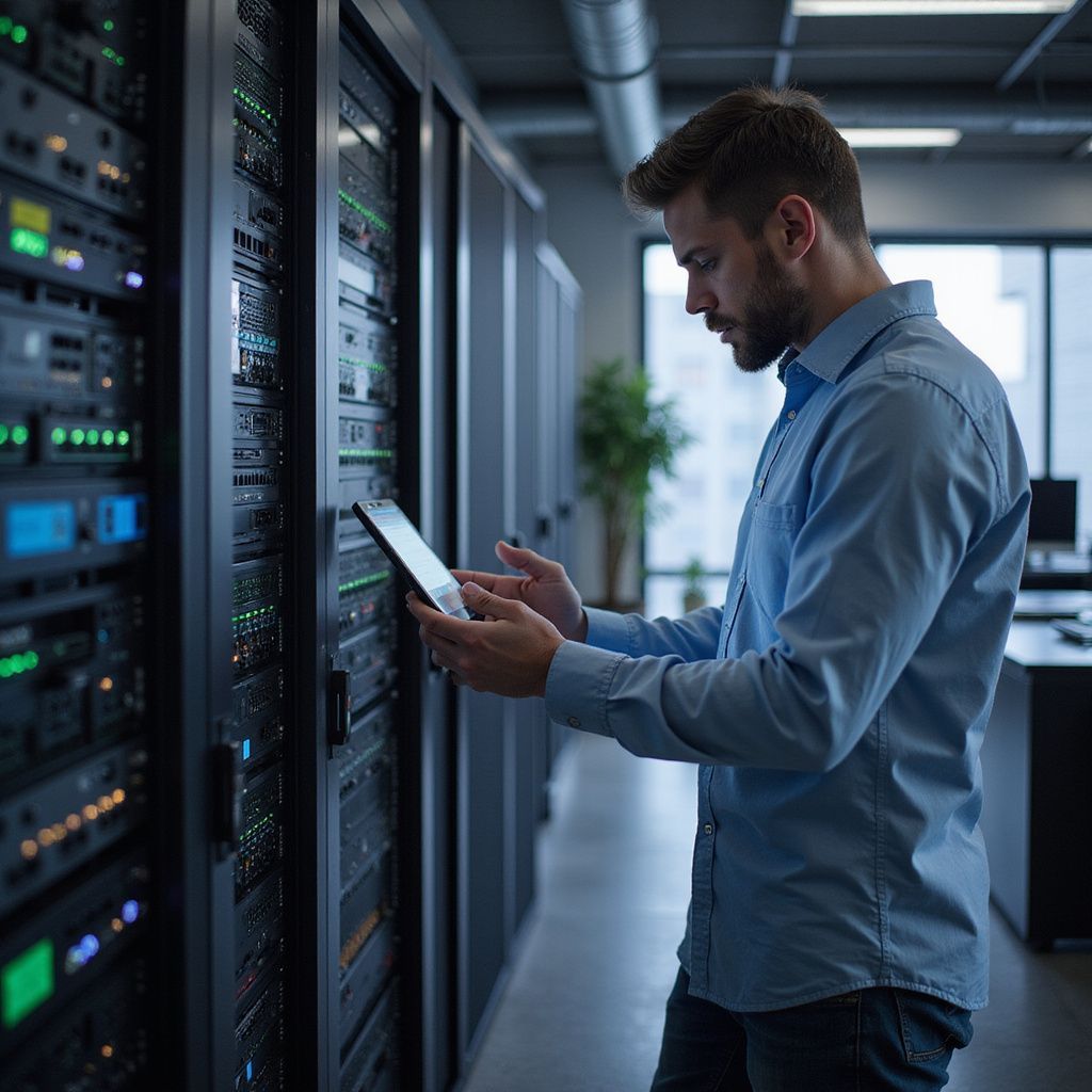 Man in blue shirt using tablet in a server room, examining the equipment.