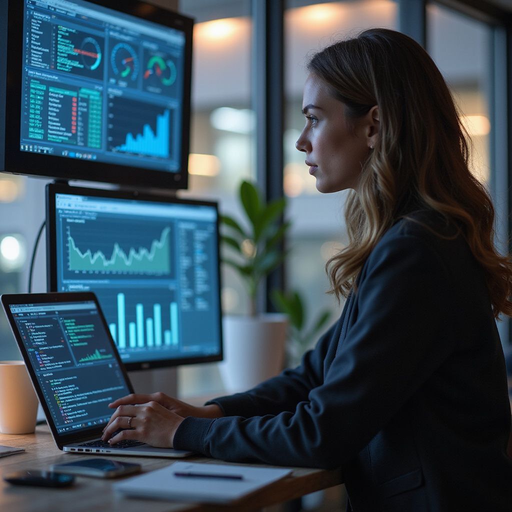 Woman analyzing data on laptop and monitors in office.