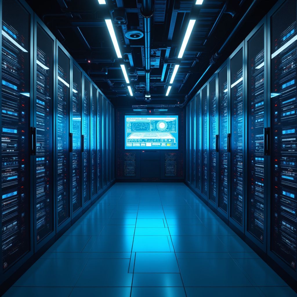 Server room with rows of blue-lit server racks, overhead lights, and a control panel at the end of the aisle.