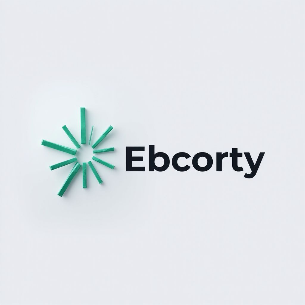 Logo for Ebcorty: turquoise burst shape beside dark gray text on white background.