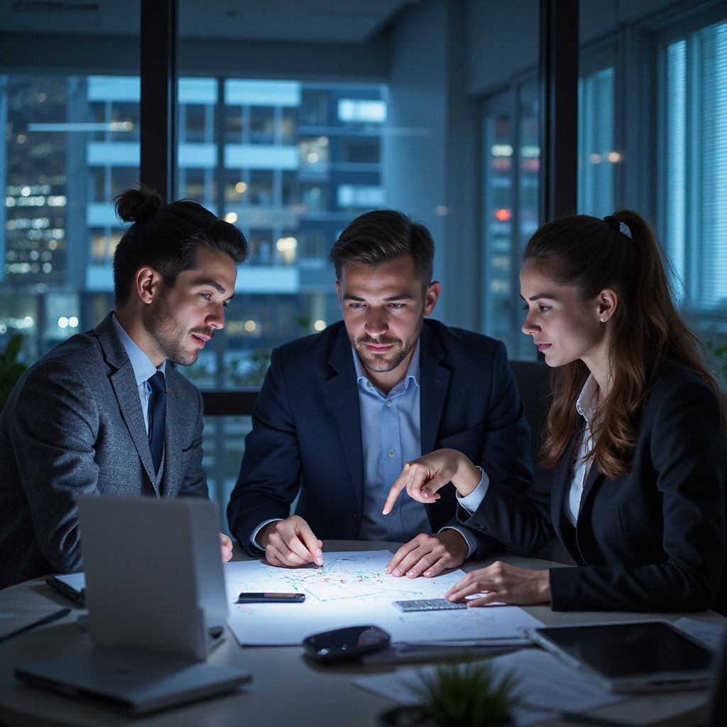 Three business professionals in suits collaborating over a blueprint at night in an office.