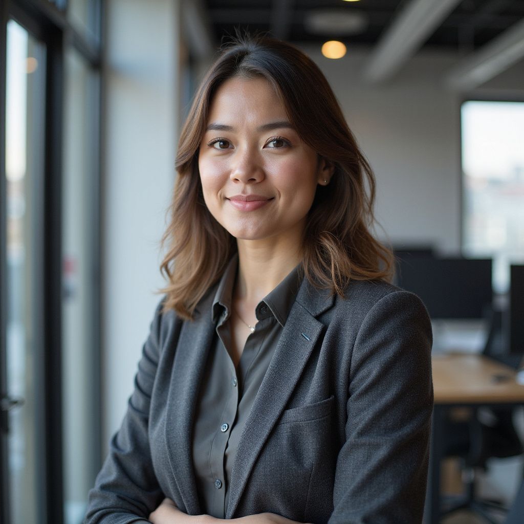 Woman in blazer and collared shirt, arms crossed, smiles in office setting.
