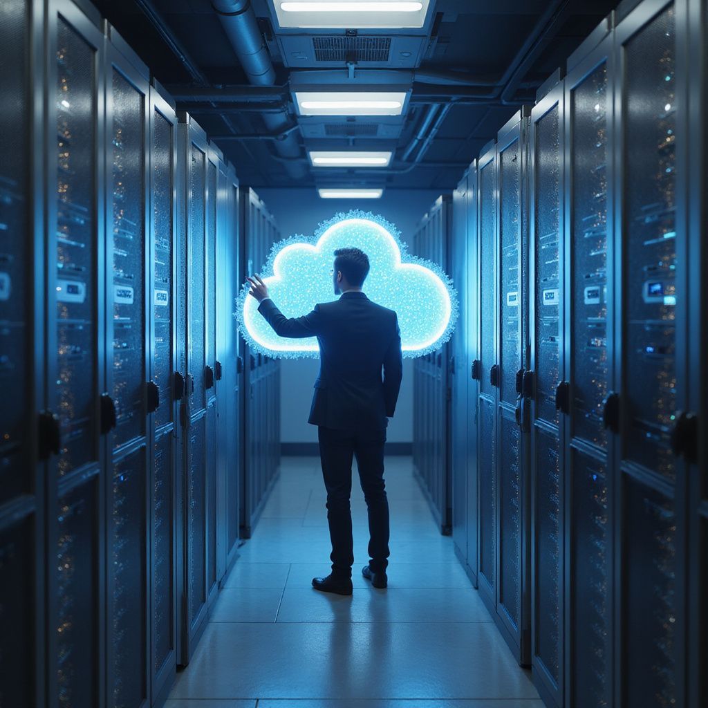 A man in a suit touches a glowing cloud in a server room hallway. Blue tones.